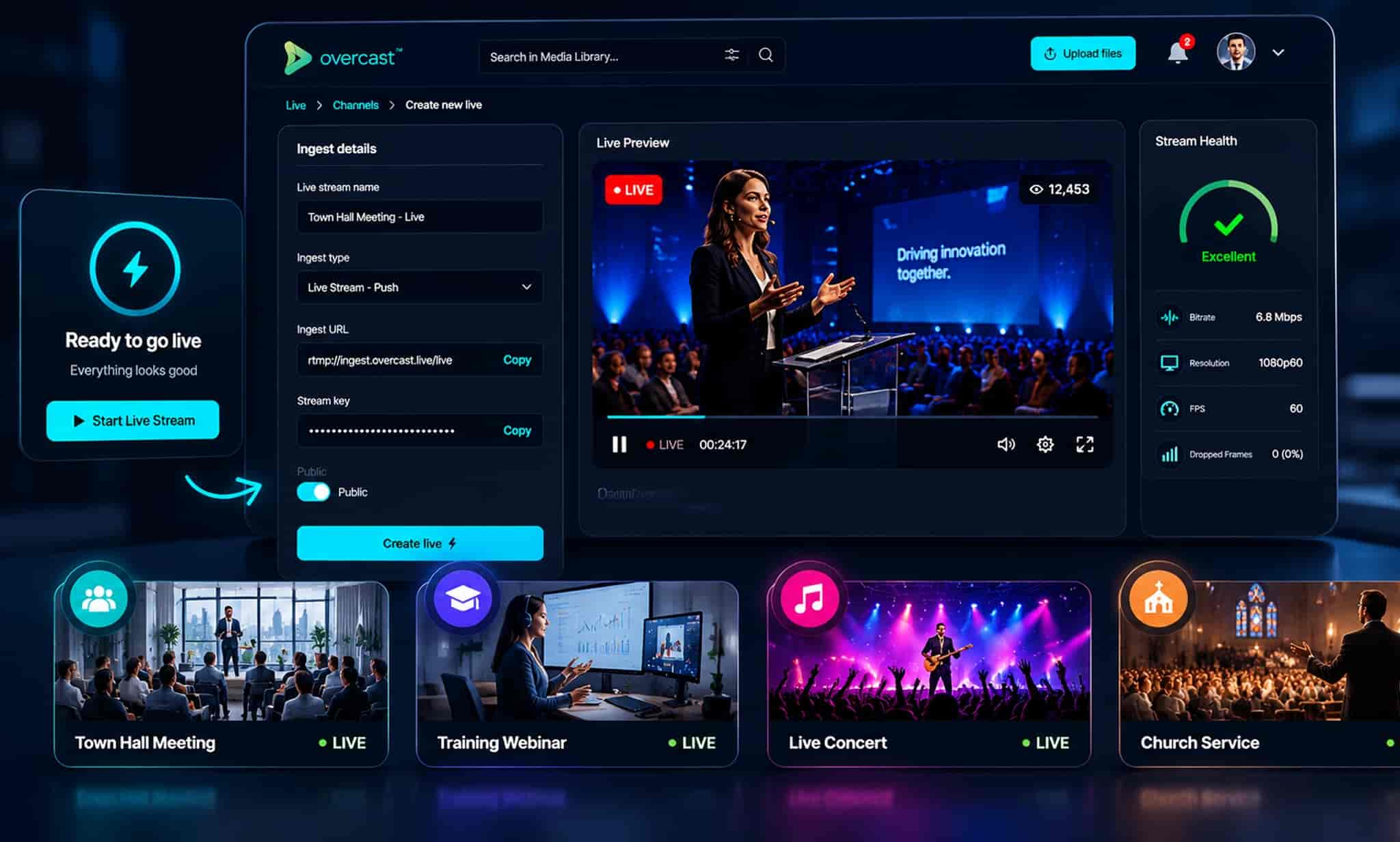 Live streaming control centre displaying active channels, real-time monitoring, content feeds, audience engagement, and broadcast management tools.