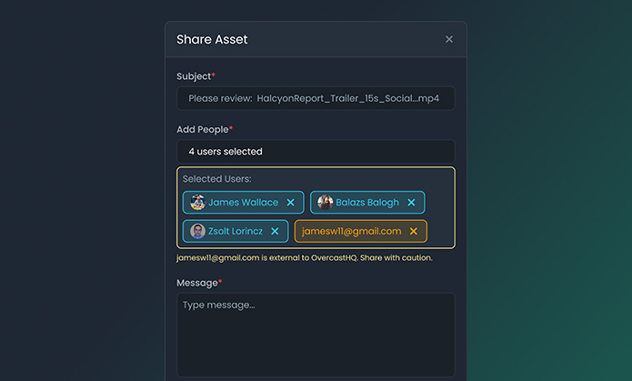 Content sharing interface allowing creative teams to securely distribute media assets, manage client access, and collaborate across multiple projects and accounts.