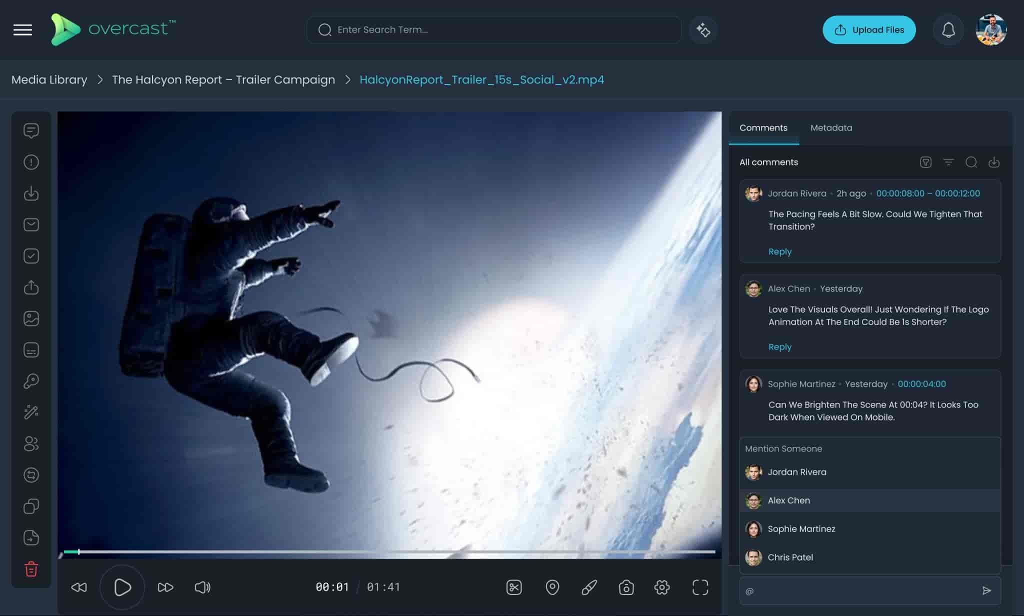 Collaborative video workflow with comments, approvals, live content review, and team communication tools for coordinated production and publishing.